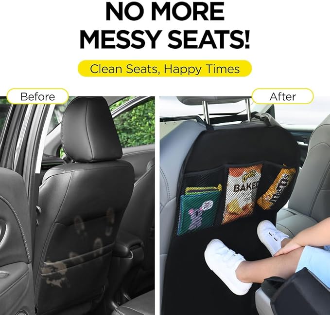 lebogner Back Seat Cover For Kids + 3 Pocket Storage Organizer, 2 Pack X-Large Waterproof Kick Mats Backseat Protector, Car Seat Back Protectors For Vehicles To Protect From Dirt, Mud & Scratches