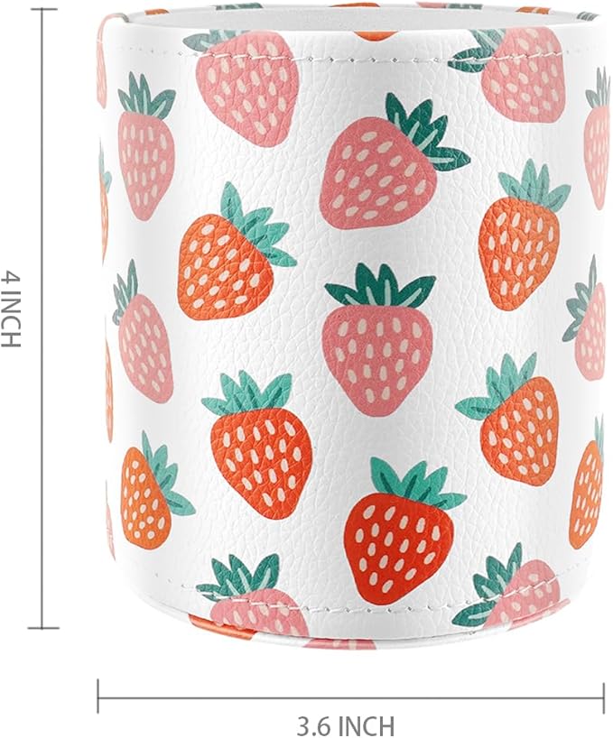 WAVEYU Pen Holder for Women Girls, Pencil Cup Pink Desk Decor, Makeup Brush Holder Large Pu Leather Multi-Functional Organizer Cup for Office, Classroom, Home, Strawberry