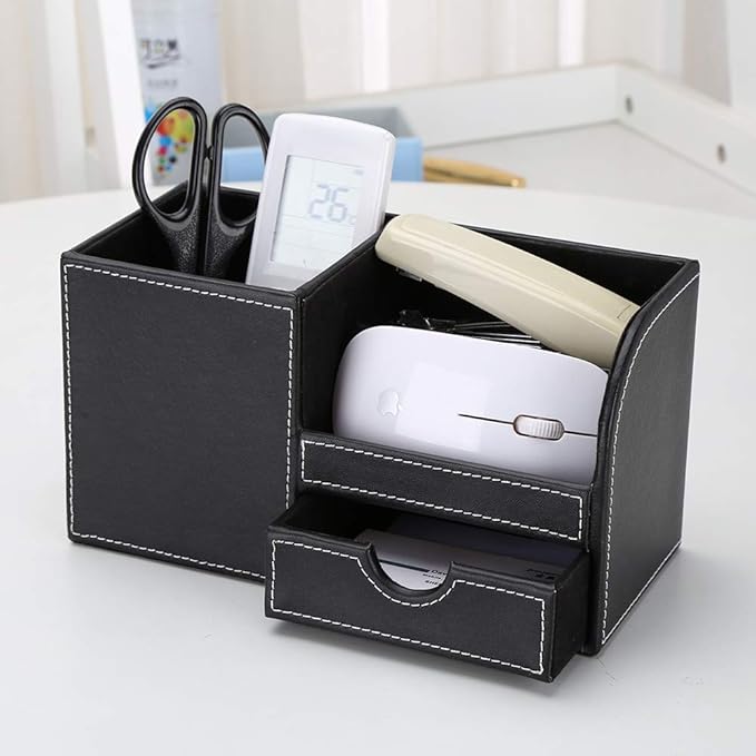 KINGFOM Desk Organizer Office Supplies Caddy Pu Leather Multi-function Storage Box Pen/Pencil,Cell phone, Business Name Cards Remote Control Holder with Small Drawer Black