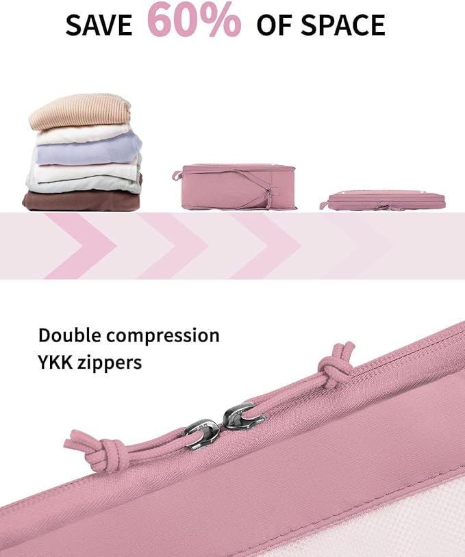 ECOHUB 5 Set Compression Packing Cubes for Suitcases Organizer Bags Set Travel Essentials with Shoe Bag for Traveling Tear-resistant Travel Accessories with ID Tag Expandable Packing Bags(Pink)