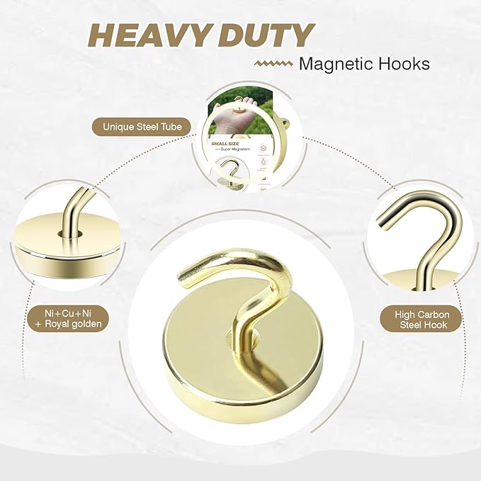 Neosmuk Magnetic Hooks, Cruise Ship Essentials, 120lb+ Heavy Duty Magnetic Hooks for Cruise Cabins, Refrigerator, Grill, Hanging, and Travel | Extra Strong Must-Haves Magnet Hook,Gold,Pack of 20