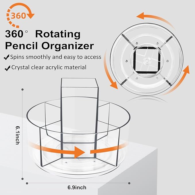 Rotating Acrylic Pen Holder for Desk, 360 Degree Spinning Pencil Holder Pen Organizer, 5 Compartments Kids Marker Holder Crayon Caddy Art Supply Storage Box Desk Organizer for Office Home School