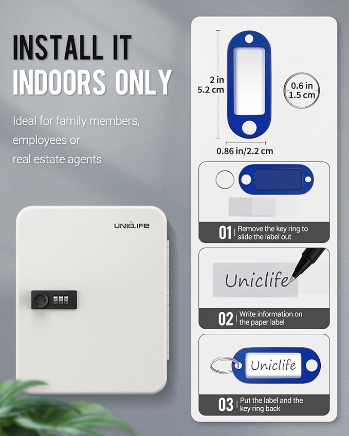 Uniclife 48 Position Key Cabinet with Combination Lock Resettable White Digital Security Storage Box Steel Key Organizer with Colorful Key Tag Labels Stickers and Hooks