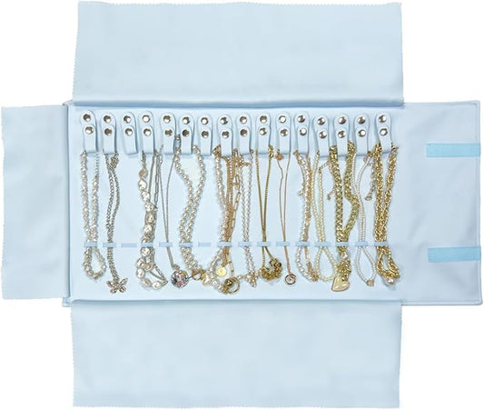 UnionPlus Travel Jewelry Roll, Faux Leather Necklaces Organizer Bag, Elastic Band and Anti-winding, Air Blue
