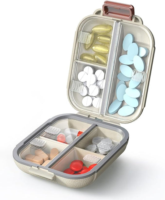 Portable Pill Organizer, Pill Box with 7 Compartments, Small Pill Case for Travel, Daily Medicine Pill Organizer with Air-Tight Lid, BPA-Free Material Pill Container (White)