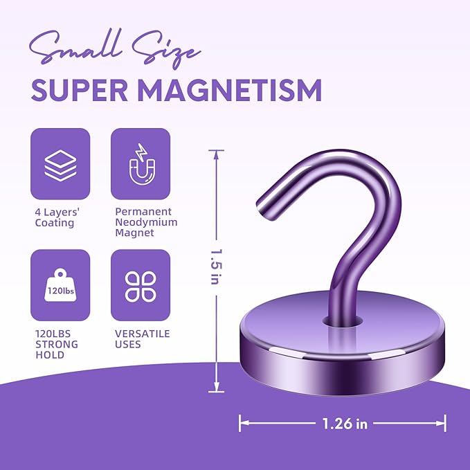 Neosmuk Magnetic Hooks, Cruise Ship Essentials, 120lb+ Heavy Duty Magnetic Hooks for Cruise Cabins, Refrigerator, Grill, Hanging, and Travel | Extra Strong Must-Haves Magnet Hook,Purple