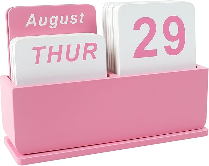 Wooden Block Perpetual Calendar for Desk, Daily Desktop Standing Flip Calendar with Large Display, Modern Farmhouse Aesthetic Desk Accessories for Home Office Decor, Reusable Yearly, Pink