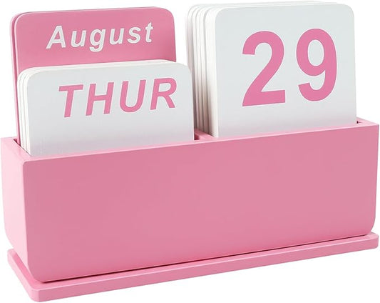 Wooden Block Perpetual Calendar for Desk, Daily Desktop Standing Flip Calendar with Large Display, Modern Farmhouse Aesthetic Desk Accessories for Home Office Decor, Reusable Yearly, Pink