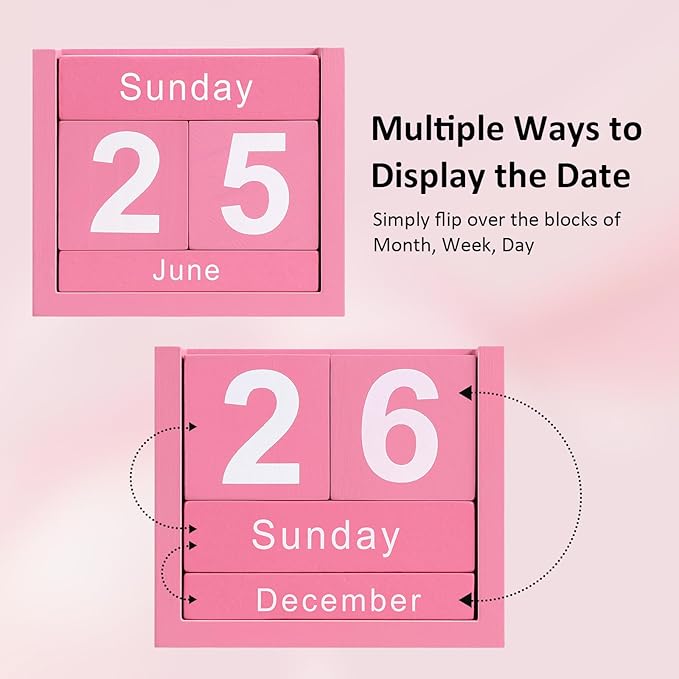 Wooden Block Calendar for Desk, Daily Desktop Perpetual Desk Calendar, Cute Date Display Blocks Desk Accessory for Home Office Decor, Teacher, Classroom, Reusable Yearly, Pink
