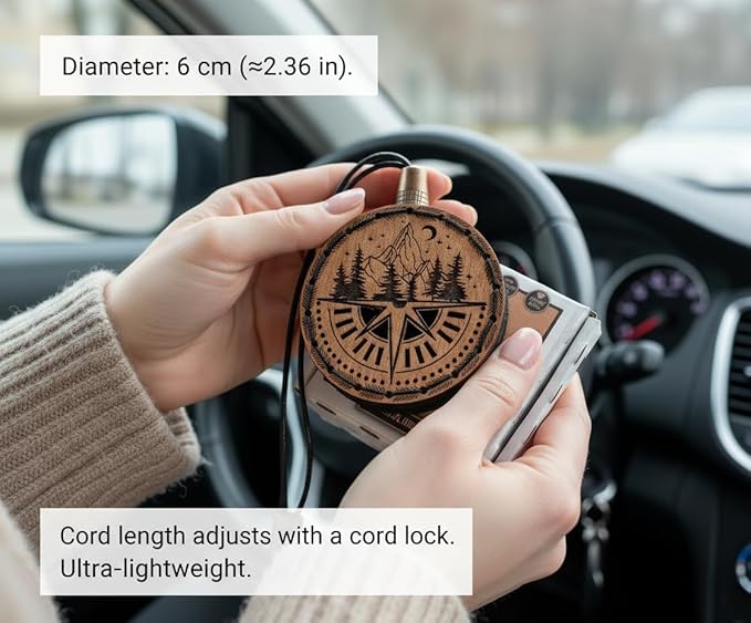 Wood Car Air Freshener — Compass Mountains — Handmade Unscented DIY Essential Oil Hanging Diffuser with Felt Insert — Add Your Own Oils — Refillable — Car/Truck/SUV — Cardboard Box