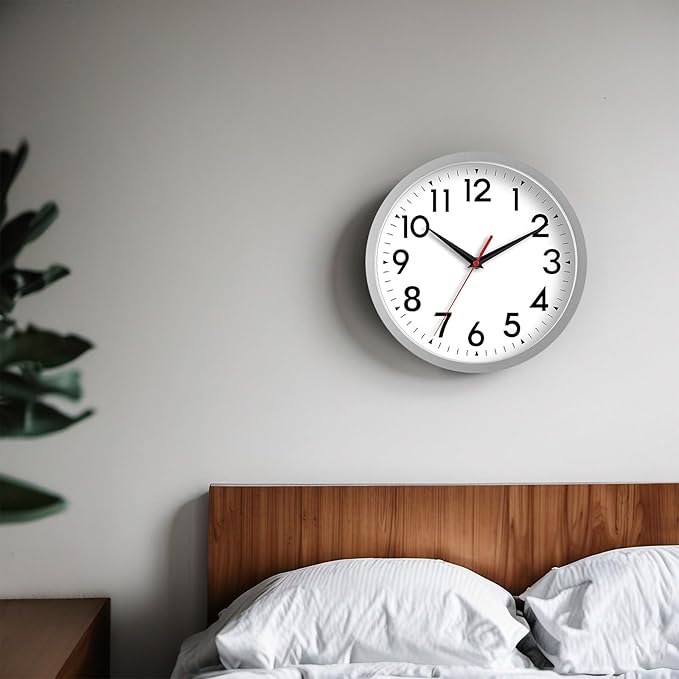 Wall Clock Modern Battery Operated 10 Inch Simple Silent Non-Ticking Decorative for Kitchen Office Outdoor Bedroom Living Room School Classroom (Silver)