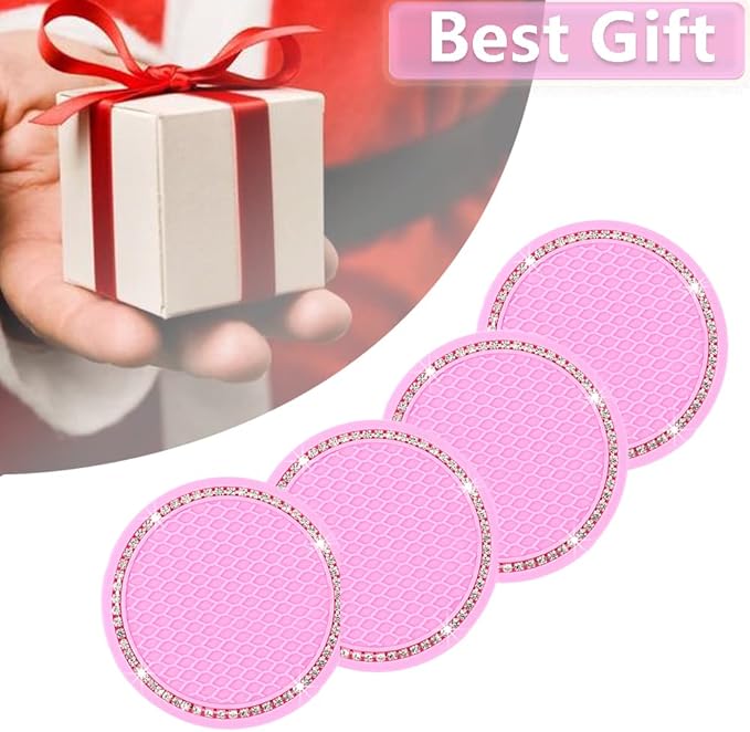Car Coasters for Cup Holders, 2.75 Inch Auto Cup Holder Insert Coasters Silicone Anti-Slip Crystal Rhinestone Cute Drink Car Cup Mat, 4PCS Bling Car Accessories for Women & Lady (Pink)