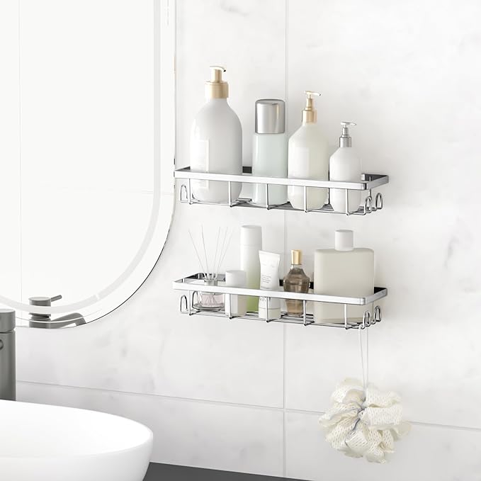 Shower Caddy Organizer with Hooks, Self Adhesive Bathroom Shelves, No Drilling Bathroom Organizers and Storage, Perfect for RV, Apartment, Home Decor, 2 Pack Silvery