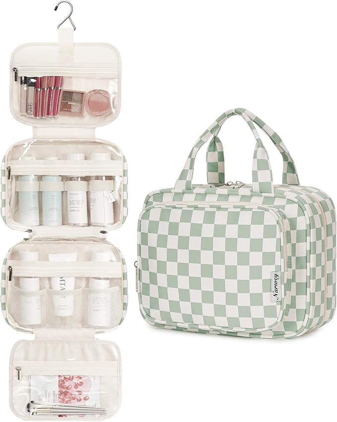 Narwey Hanging Toiletry Bag for Women Travel Checkered Makeup Bag Organizer Toiletries Bag for Travel Size Essentials Accessories Cosmetics (Mint Green Checkerboard (Medium))