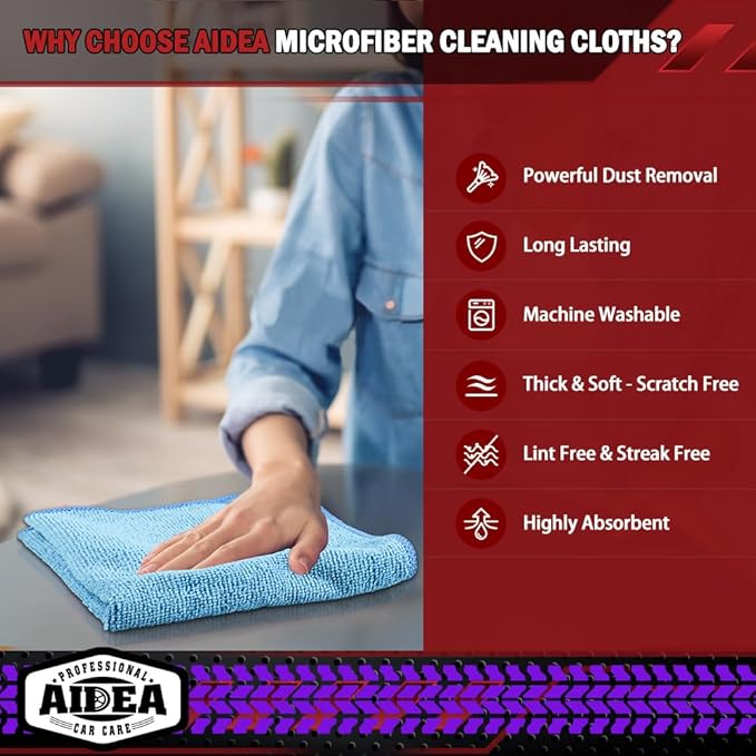 AIDEA Microfiber Cleaning Cloth Blue, 150PK, Shop Rags, Microfiber Towels for Cars, Dusting Cloth Lint Free Rags, Absorbent Towels for SUVs, House, Kitchen, Mechanic, Workshops, 12"×12"