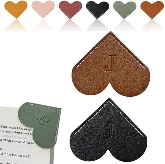 2Pcs Personalized Leather Heart Bookmark, 26 Letters Customized Corner Book Mark for Reading Women, Book Marker with Initials Cute Gifts (Black+Dark Brown, J)