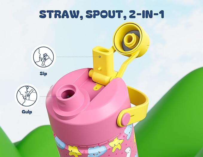 12 oz Kids Water Bottle for Girls: Leakproof, BPA-Free, Durable Straw Spout Lid, 24H Cold, Cute Patterns, Insulated Stainless Steel Cup with Carrier Bag for School, Trip, Camping, Daily (Sunny Dreams)