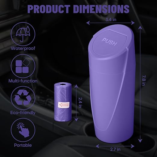 SGLRT Car Trash Can Bin with Lid - Car Garbage Can Cup Holder - Purple Mini Leakproof Vehicle Garbage Bin with 20pcs Trash Bags-Automotive Organizers and Storage for Front Back Seat Accessories