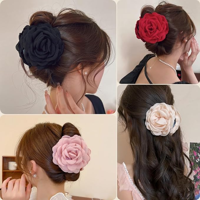 4pcs Handmade Fabric Rose Flower Hair Claw Clip for Women Girls, 3.94" Large Boho Hawaiian Floral Hairpins Barrettes for Thick Thin Hair Styling Accessories(Red Pink)