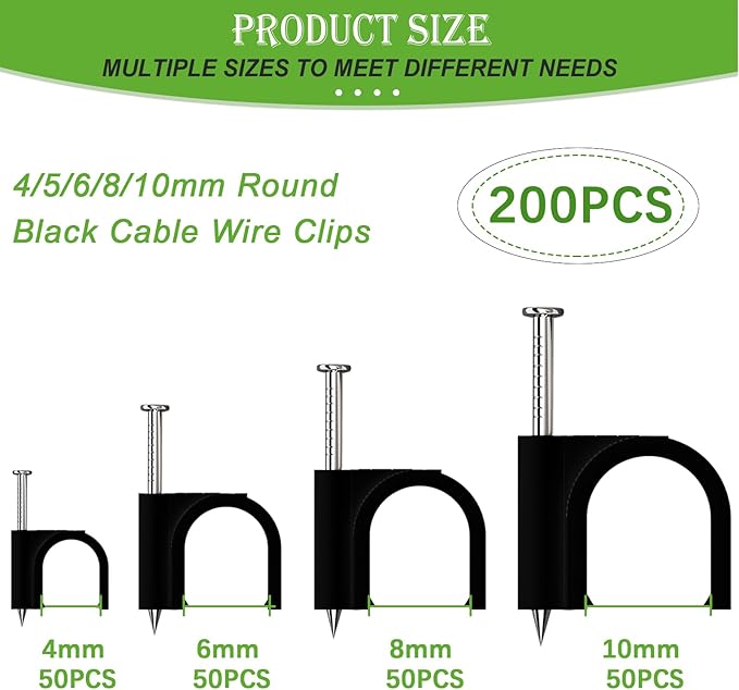 mxuteuk 200PCS Cable Clips with Steel Nails,4/6/8/10mm Round Black Cable Wire Clips,Wall Clips for Cords,Cable Cord Clips for RG6 RG59 CAT6 RJ45