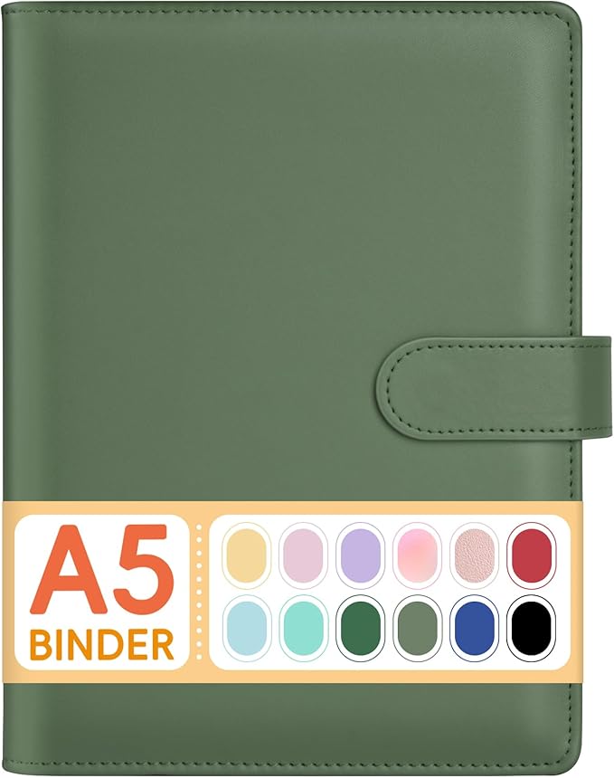 Sooez A5 Notebook Binder, 6 Ring Planner with Stylish Design, Loose Leaf Personal Organizer Cover with Magnetic Buckle Closure, PU Leather Binder for Women with Soft Colors (Olive Green)
