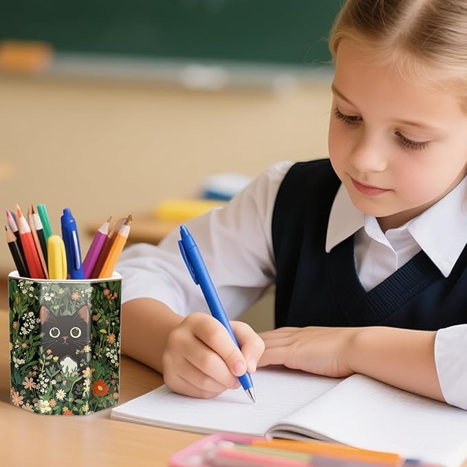 WAVEYU Pen Holder, Pencil Cup for Desk, Cute Desk Organizer, Durable Ceramic Decorative Makeup Brush Desktop Accessories, Stylish Stationery for Office, Home, Cute Cat Pattern