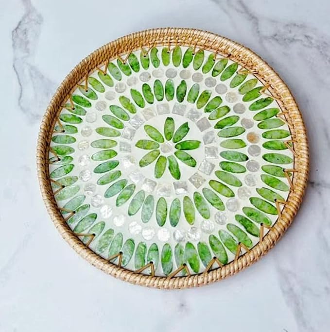 Handmade Round Rattan Tray with Mother of Pearl Inlay, Rattan Service Tray with Wooden Base, Table Decoration with Wicker Baskets, Storage and Display of Bread,Fruit,Desserts (Green Grape)