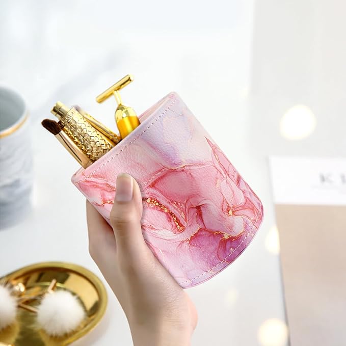 WAVEYU Pen Holder for Women Girls, Pencil Cup Pink Desk Decor, Makeup Brush Holder Large Pu Leather Multi-Functional Organizer Cup for Office, Classroom, Home, Red Marble