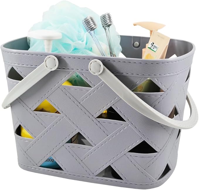 Portable Shower Caddy Tote, Plastic Storage Basket with Thick Handle and Drain Holes Box Organizer Bin for Bathroom, Pantry, Kitchen, College Dorm, Camp (Light Grey 1 pcs)
