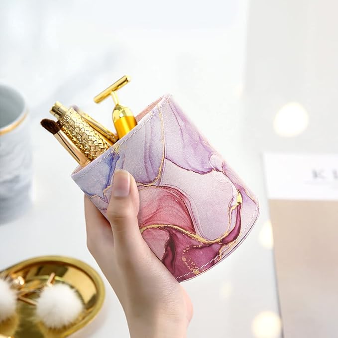 WAVEYU Pen Holder for Women Girls, Pencil Cup Pink Desk Decor, Makeup Brush Holder Large Pu Leather Multi-Functional Organizer Cup for Office, Classroom, Home, Colorful Marble