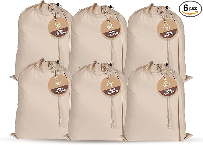 LFH Home Large Premium 100% Cotton Canvas Laundry Bag with Drawstring and Handles, Heavy Duty, Multi-Use, and Washable for Home, Travel, College or Storage, 20x30 (Pack of 6)-Natural