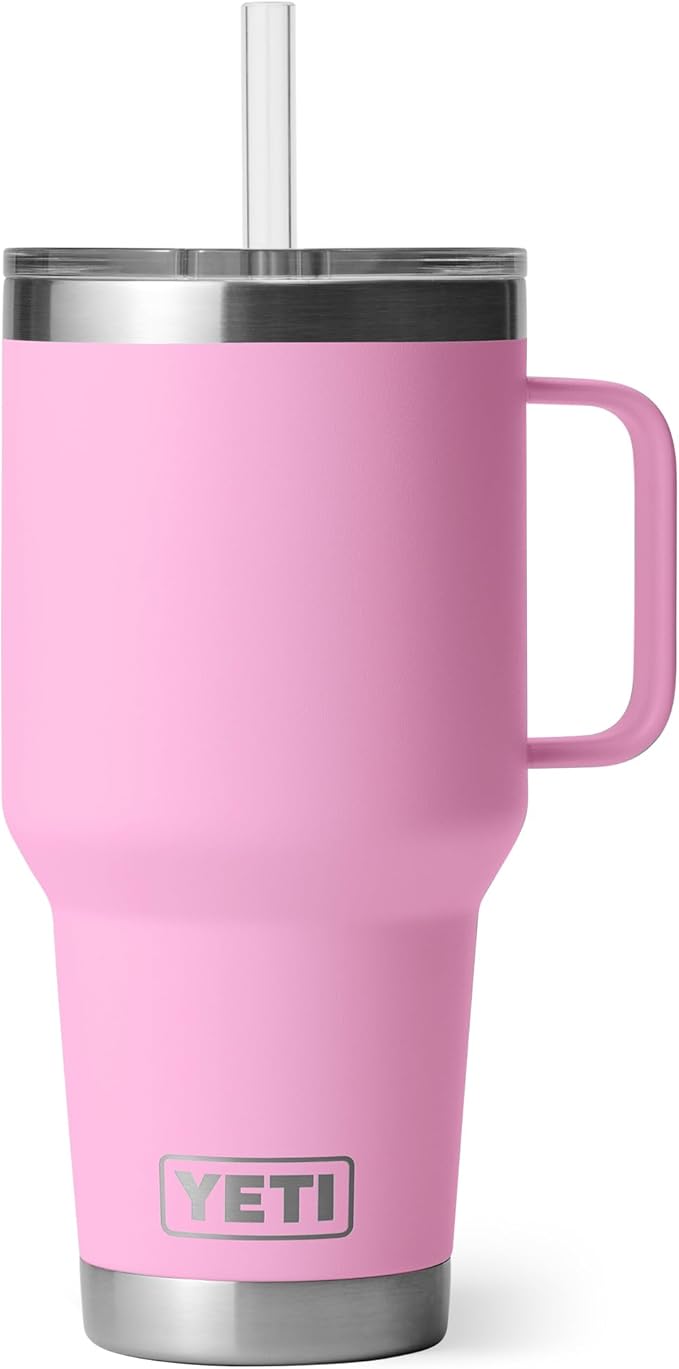 YETI Rambler 35 oz Tumbler with Handle and Straw Lid, Travel Mug Water Tumbler, Vacuum Insulated Cup with Handle, Stainless Steel, Power Pink