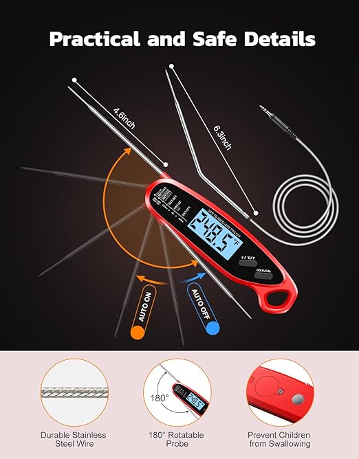 Instant Read Meat Thermometer Digital with Dual Probe, Food Thermometer for Cooking & Grilling, Large Backlit & Calibration, for Kitchen/Oven/Grill/Smoker/BBQ/Oil/Fry, Fathers Day Gift for Dad