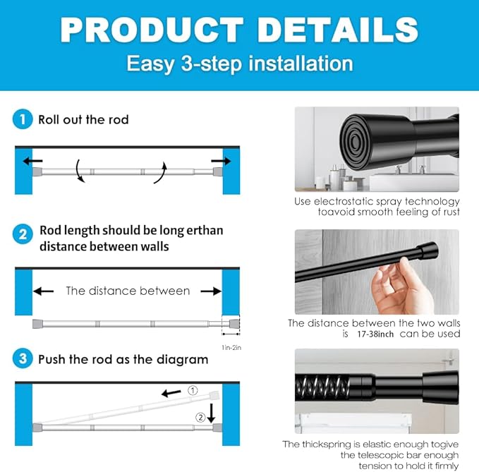 1 Pack Spring Tension Rods 17-38 Inches, 5/8 Inch Diameter Black No Drill Spring Loaded Adjustable Extendable, Small Short Tension Curtain Rod for Windows Kitchen Doorway Closet Cupboard