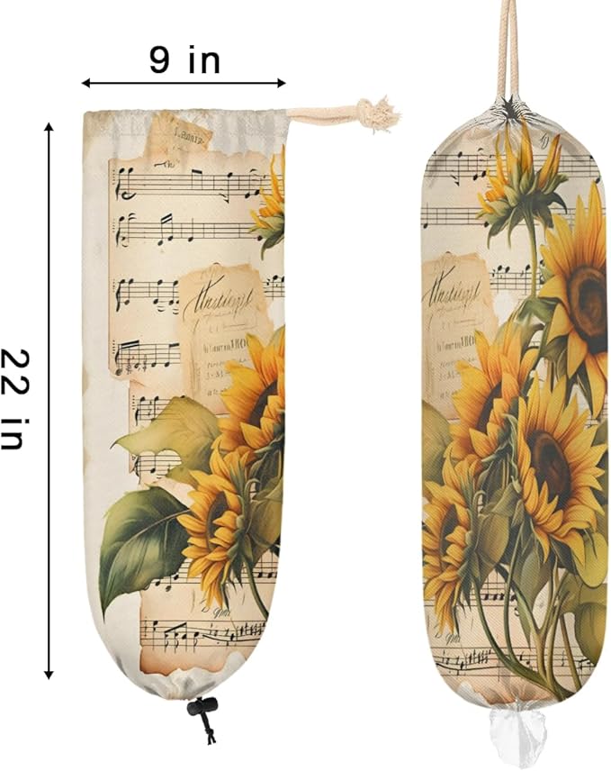 Sabokido Floral Sunflower Plastic Bag Holder Washable Musical Notes Grocery Bag Storage Dispenser Reusable Hanging Shopping Bags Carrier Wall Mount Plastic Bag Organizer for Home Kitchen Decor