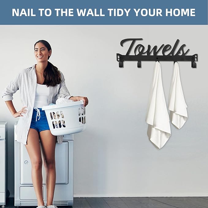 Over The Door Hooks, Towel Rack Towel Hooks for Bathroom, Towel Holder for Hanging Heavy Duty, Door Rack Over Door Hanger with 5 Coat Hooks for Bedroom Bathroom Kitchen, Black