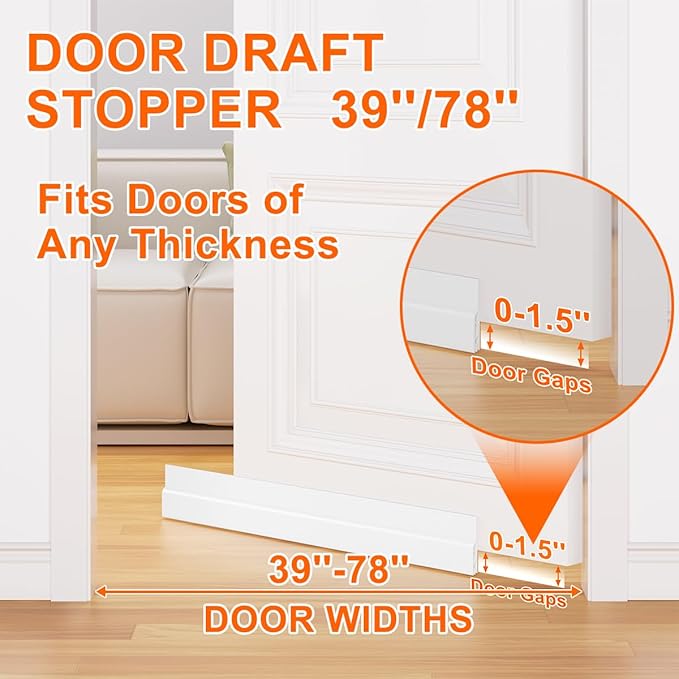 Door Draft Stopper for Bottom of Door, Adjustable Weather Stripping Door Seal for Cold Insulation, Under Door Sweep for Exterior & Interior Doors, Door Bottom Seal Blocker Noise (78inch,White)