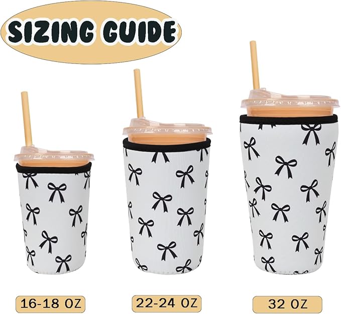 Reusable Insulated Neoprene Iced Coffee Cup Sleeve, Durable Drink Sleeve for Cold Beverages, Beverage Holder for Iced Coffee, Black Bow