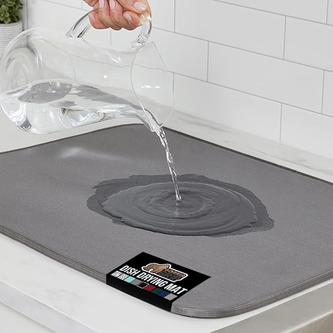 GORILLA GRIP Ultra Water Absorbent Microfiber Dish Drying Mat, 18x32, Quick Dry Thick Mesh, Slip Resistant Pad for Sink Dishes or Under Rack, Kitchen Counter Accessories, Machine Wash Mats, Gray