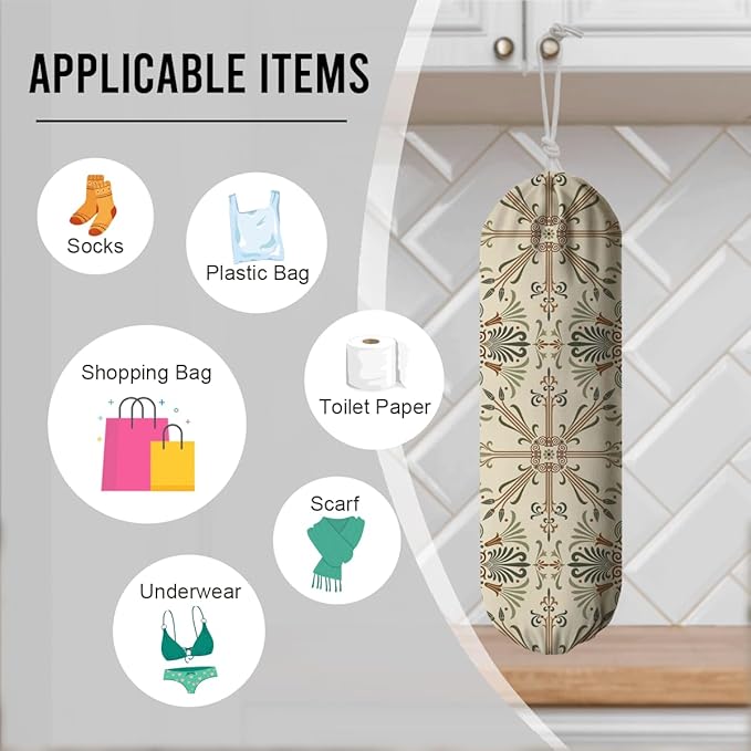 Boho Vintage Plastic Bag Holder, Reusable Grocery Bags Holder for Wall Mounting, Car Organizer, Boho Washable Shopping Bags Carrierfor Home Kitchen, Kitchen Pattern Garbage Bag 67