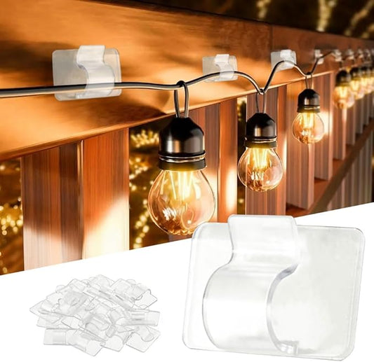 Dazzle Bright Hooks for Outdoor String Lights Clips, 30Pcs Heavy Duty Cable Clips Waterproof Adhesive Strips for Hanging Christmas Light, Outside UV-Resistant Clear Sticky Cord Holders Rope Organizer