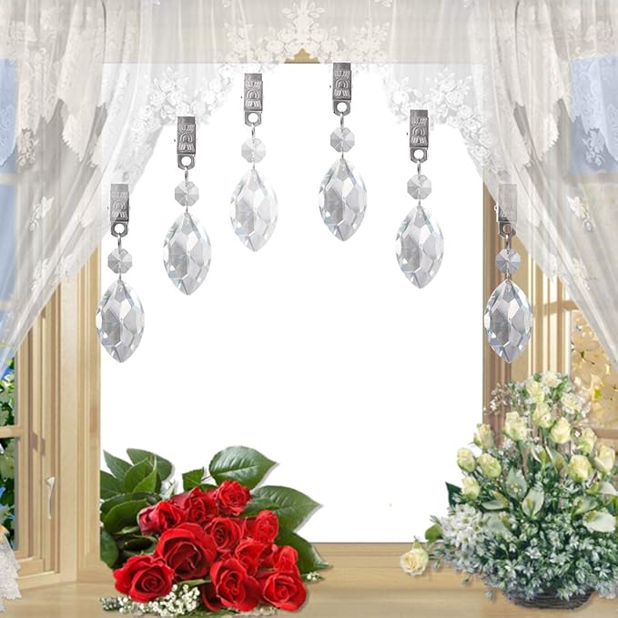 Swpeet 10pcs Lute Tablecloth Weights with Metal Clip Kit, Crystal Glass Teardrop Prisms Pendant for Outdoor Picnic Tables