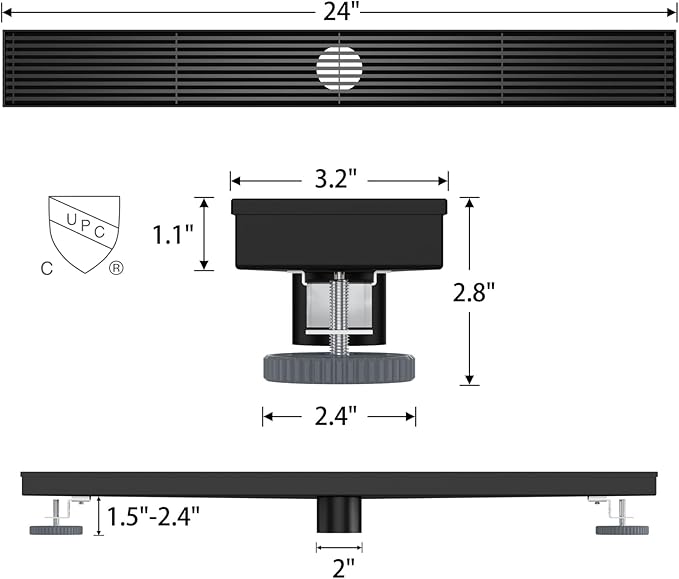 Sharpeye 24 Inch Linear Shower Drain with Removable Wedge Wire Pattern Grate, Matte Black 304 Stainless Steel Rectangle Shower Floor Drain for Bathroom, CUPC Certified, with Hair Strainer