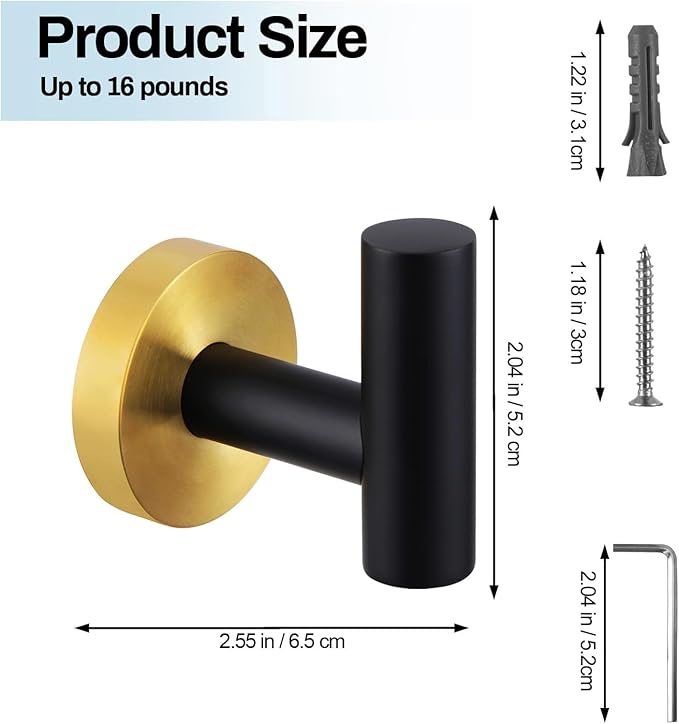 Kruodop Towel Hooks for Bathroom, 2 Packs Wall Mount Towel Holder, Black Gold Matte Wall Robe Hook, Stainless Steel Heavy Duty Door Hanger Towel Hook for Kitchen, Bedroom, Hotel, Pool, Coats