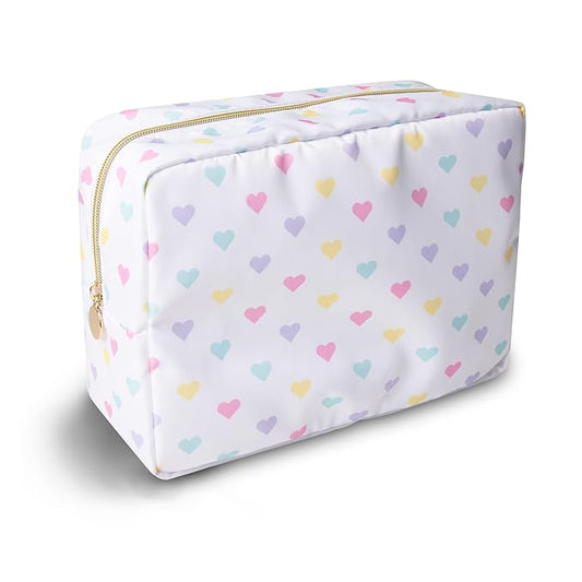 Large Makeup Bag Pouch, Nylon Women Travel Toiletry Storage Bag Big Makeup Organizer Bag for Girls, Preppy Cosmetic Bag Cute Zipper Pouch Skincare Bag for Sport School Work Gift (Large-White Heart)