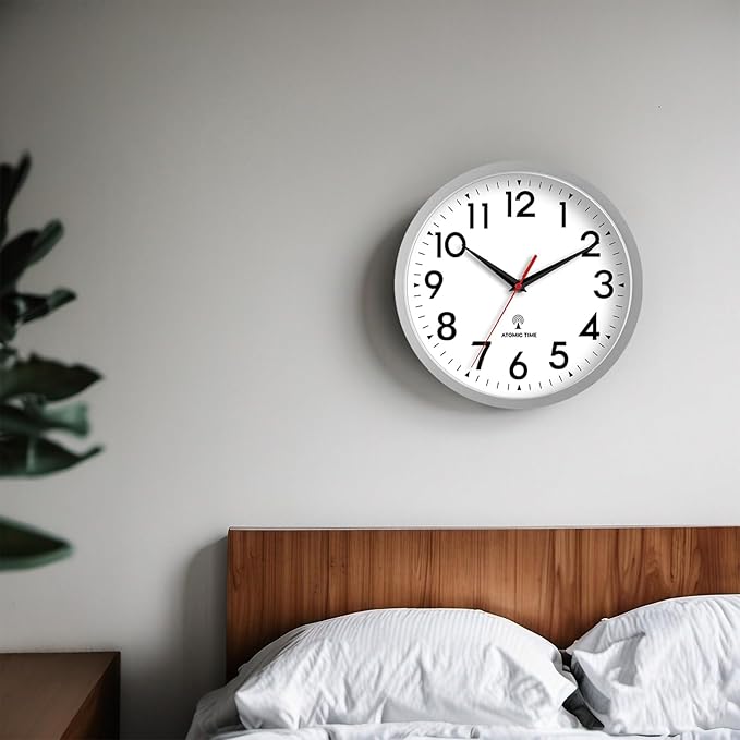 Atomic Wall Clock Analog 14 Inch Battery Operated Modern Decorative for Living Room Kitchen Office Bedroom Bathroom (Silver)