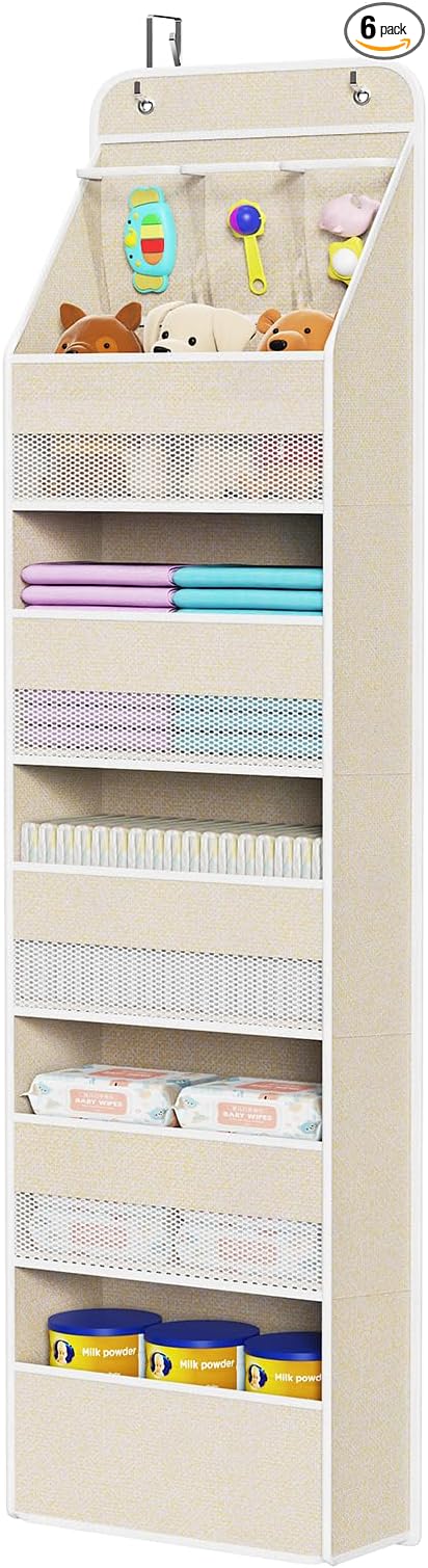 Univivi 6-Shelf Over Door Hanging Organizer Fabric Baby Door Storage with 5 Large Pockets and 3 Small PVC Pockets Wall Mount Hanging Storage Organizers for Baby Essential (Beige)