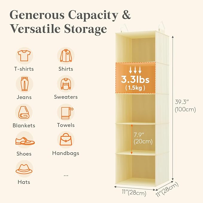 Lifewit 5 Tier Hanging Closet Organizer and Storage for Shelves, Foldable Clothes Storage Shelf with 2 Sturdy Hooks for Clothing Organization, Dorm Room Essentials for Guys, Beige