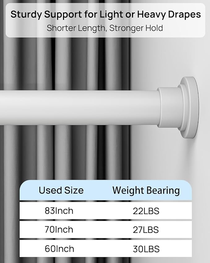 ALLZONE Shower Curtain Rod Tension No Drill, 42-83 Inches, Heavy Duty Tension Curtain Rod, Rustproof Shower Rods for Bathroom, Adjustable Spring Tension Rods for Windows, White