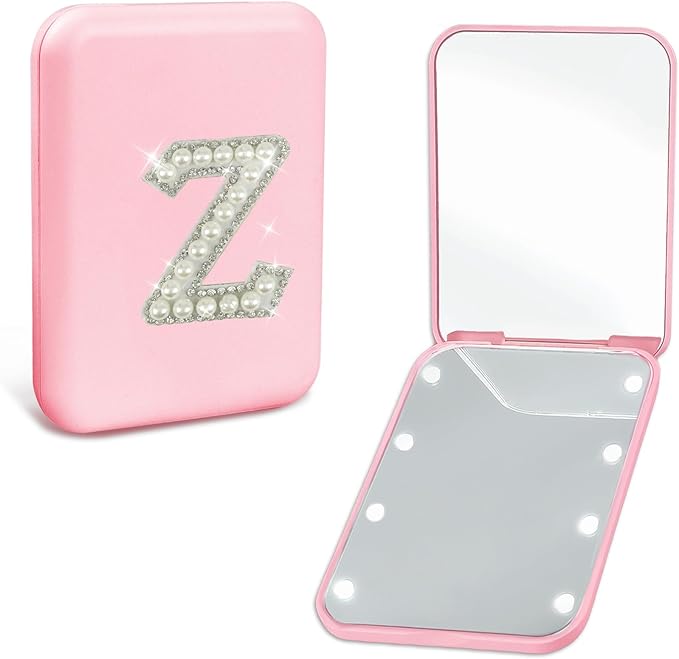 Personalized LED Pocket Mirror Pearl Letter 1X/2X Magnification Small Travel Makeup Mirror with Lights Pink Compact Mirror Folding Mirror Gifts Travel Essentials for Women Teen Girl (Z)